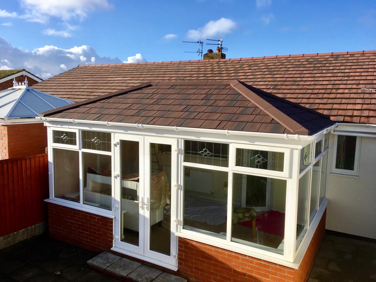 Replacement conservatory roof for a Rossall (Fleetwood) customer in burnt umber to match their property.